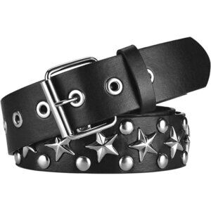 Women's 1 - Black Star Metal Punk Rock Rivet Belt With Bright Pyramid Studded